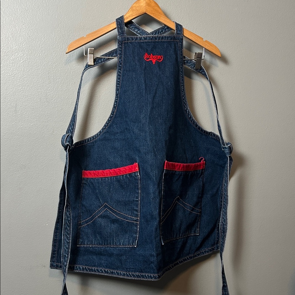 Bonson Blue Denim Apron with Red Accents and ties large pockets